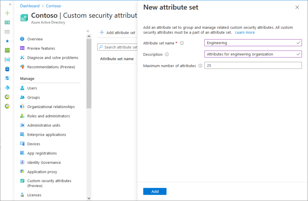 Add an attribute set to manage custom security attributes