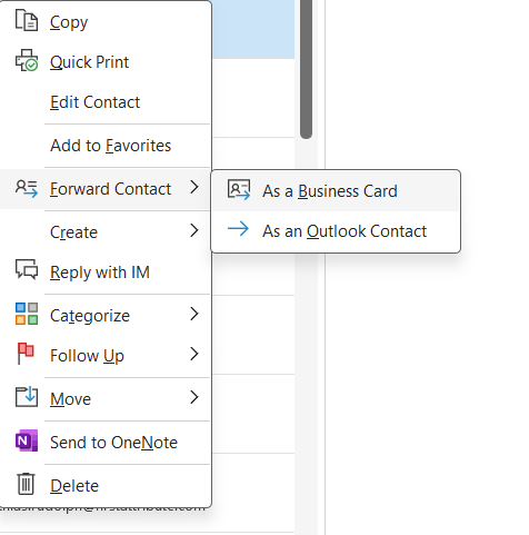 Contacts can also be forwarded individually in Outlook.