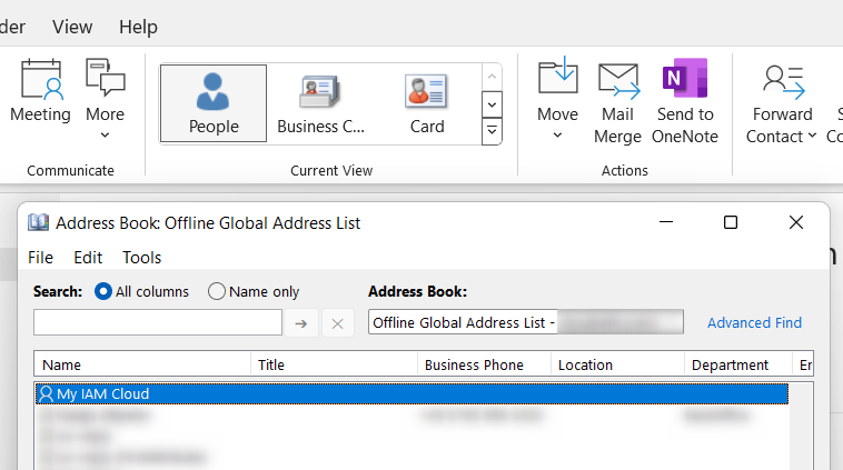 Global address list shows all internal contacts in Outlook
