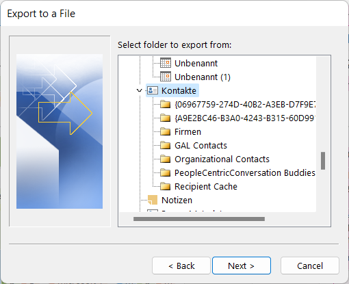 Selecting contacts for exporting data from Outlook