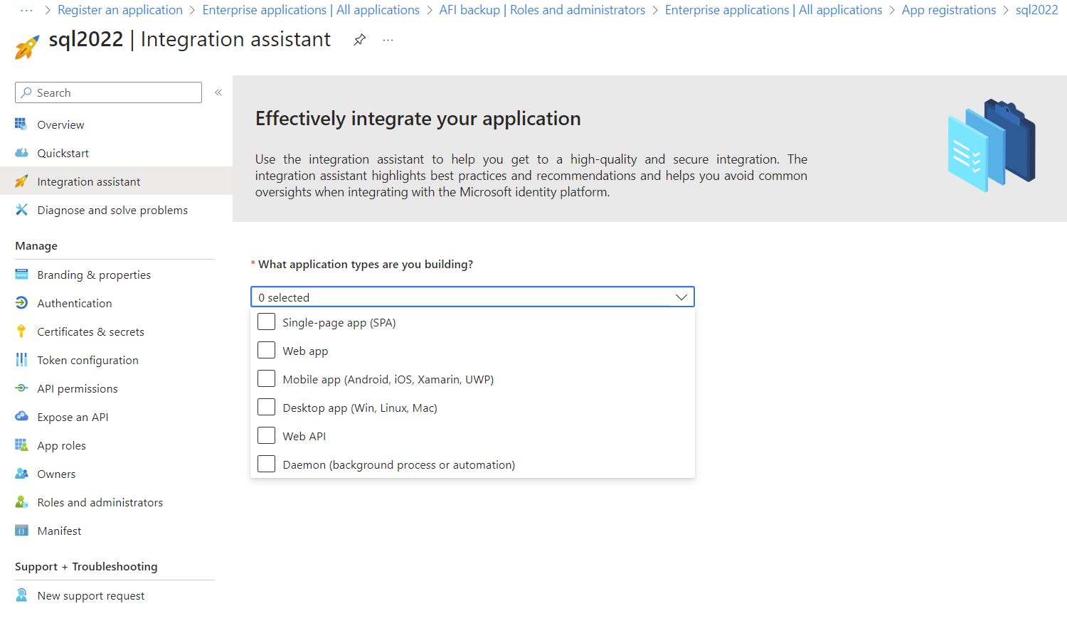 App registrations - integration wizard in Entra ID