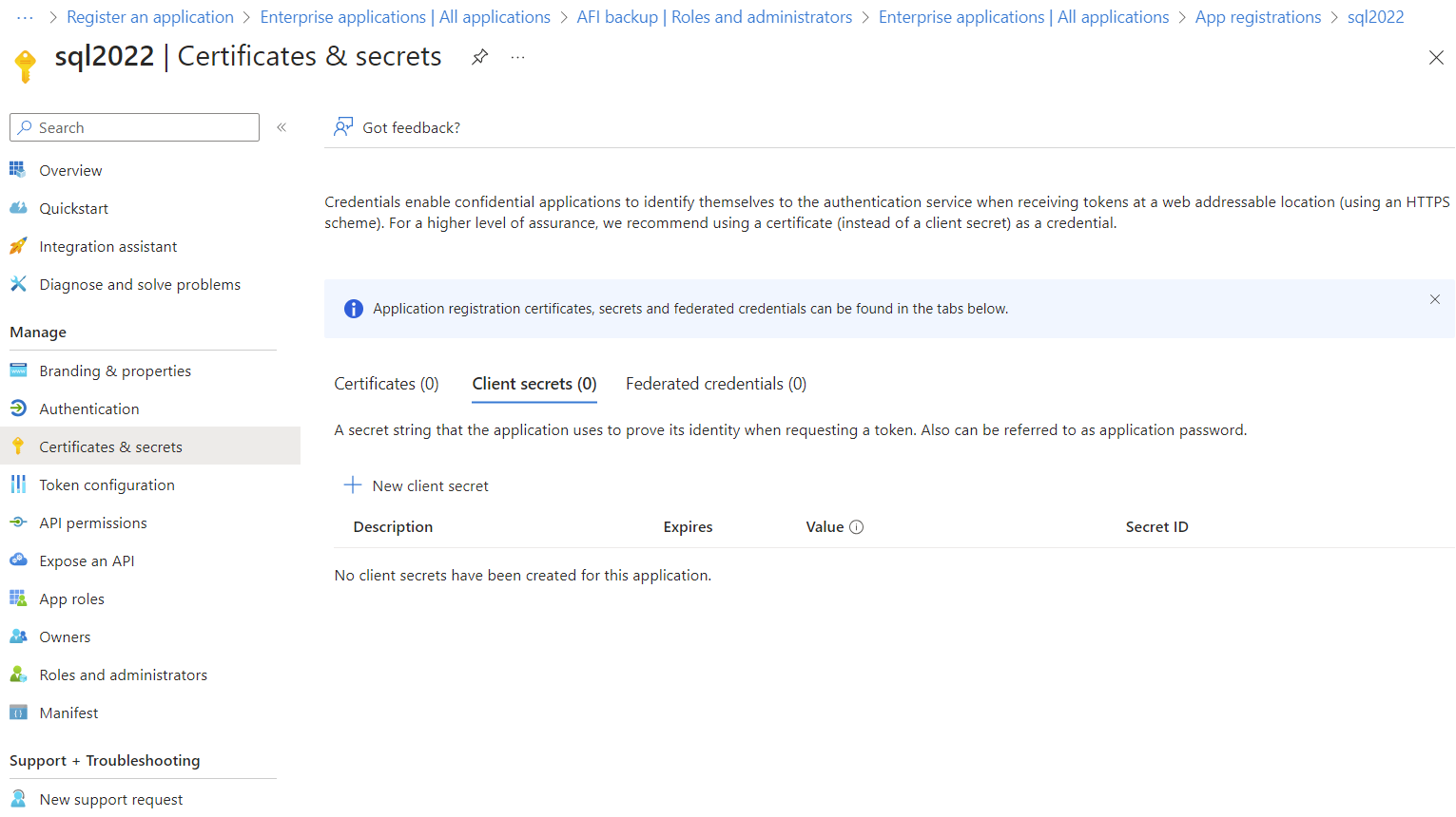 Certificates and secrets for enterprise applications