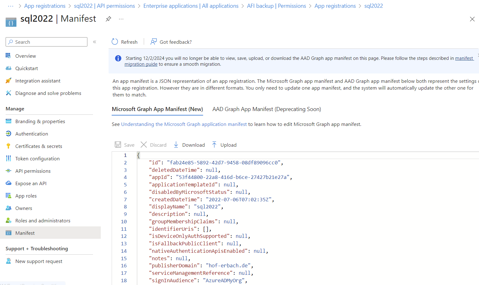 Manifest file control in enterprise applications - Entra ID Integration